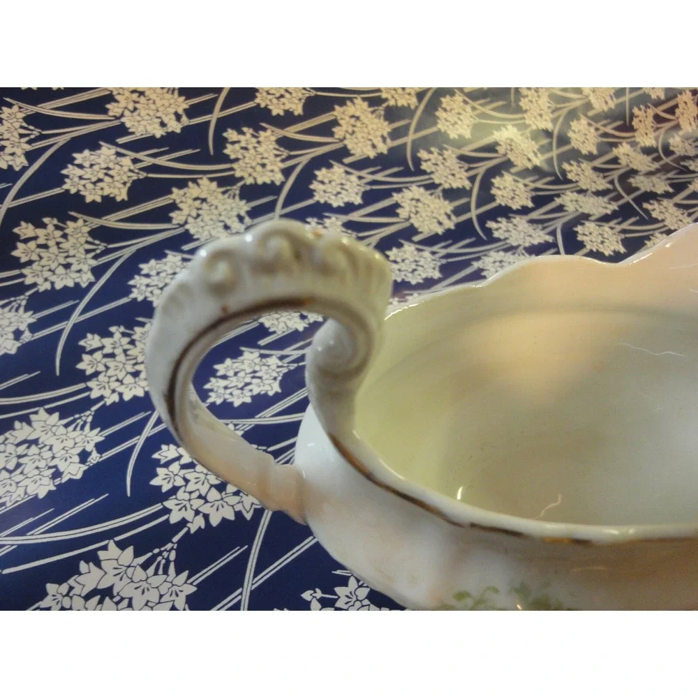 Estate find vintage gravy boat bowl with handle blue white flowers scroll work‎